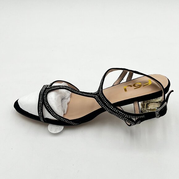 FSJ Black Studded Crystal Heel T-Strap Open Toe Kitten Heel Rhinestone Sandal - Picture 2 of 6